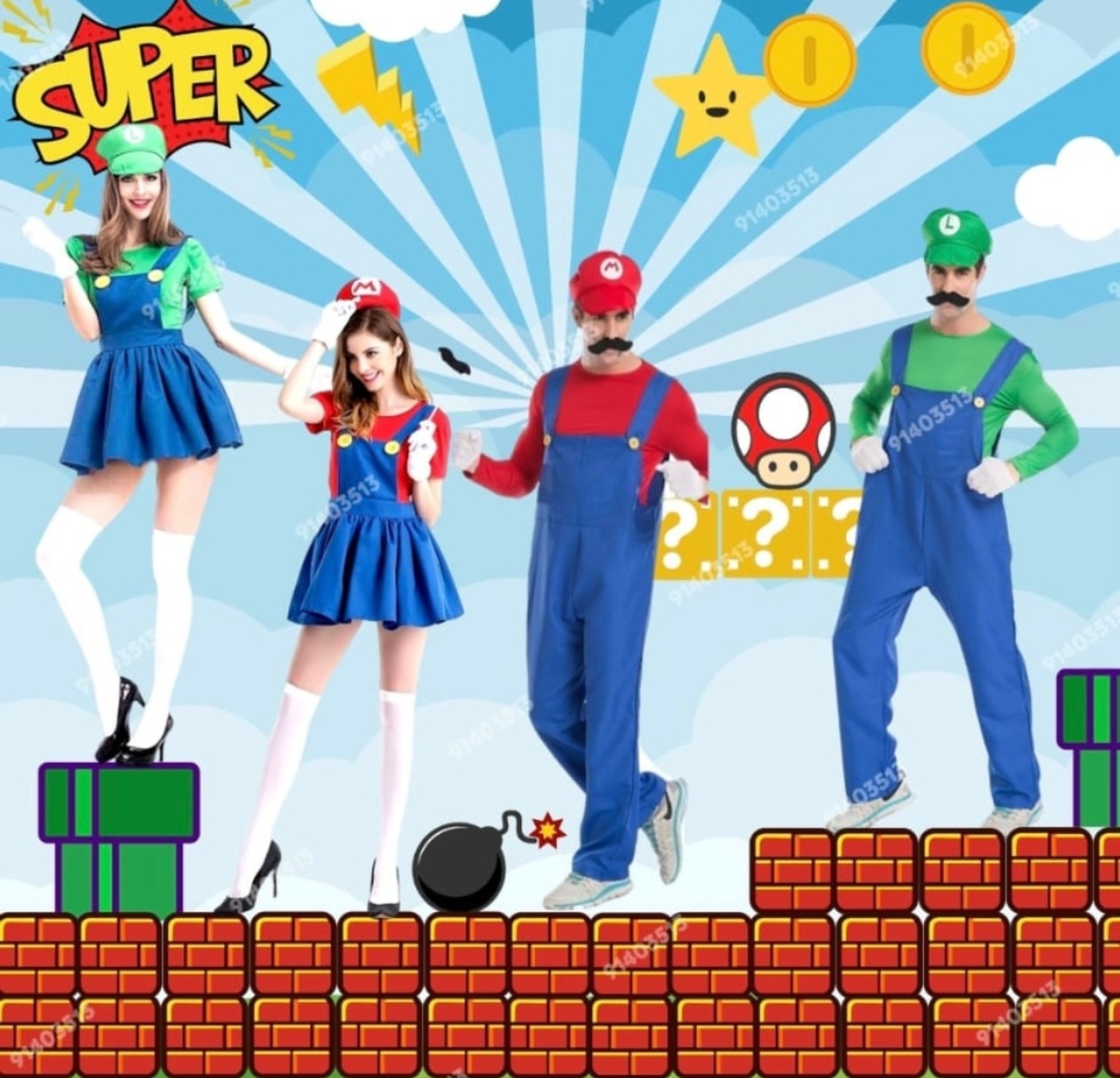 超級瑪利歐Mario成人男士經典工人連身褲連帽子鬍鬚6件套｜香港現貨Lets Cosplay COS4087