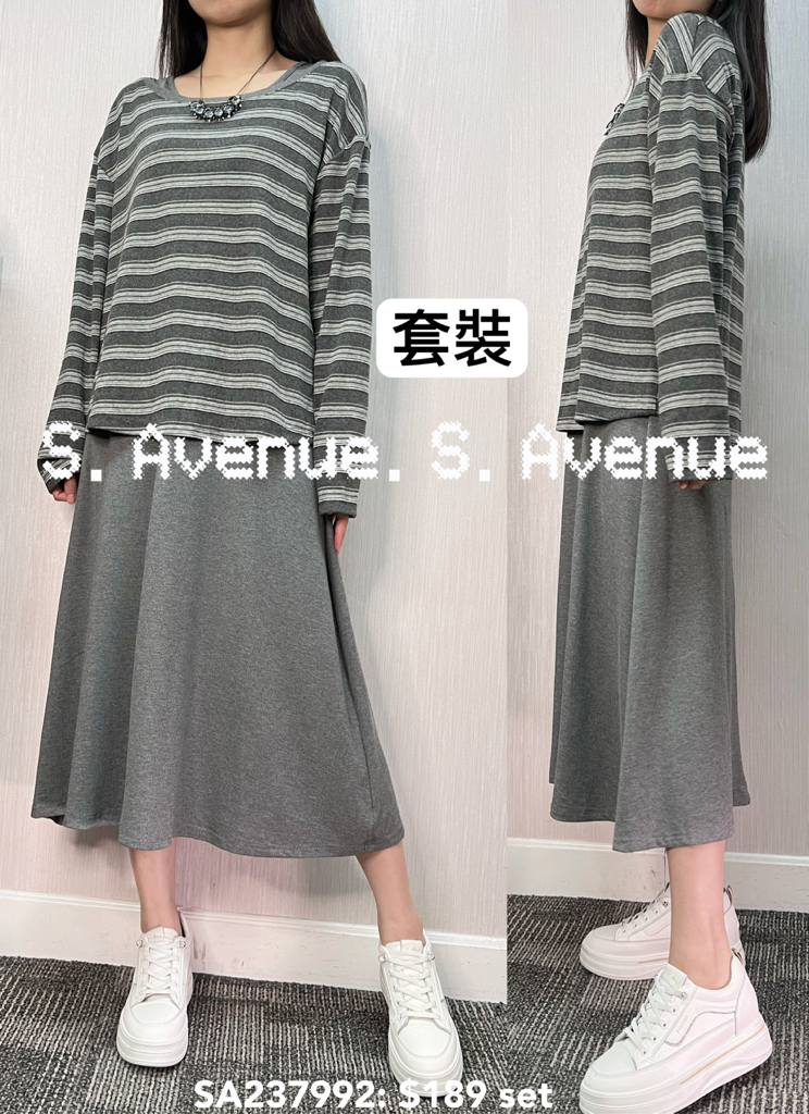 SA237992: 長袖間條tee配背心裙套裝