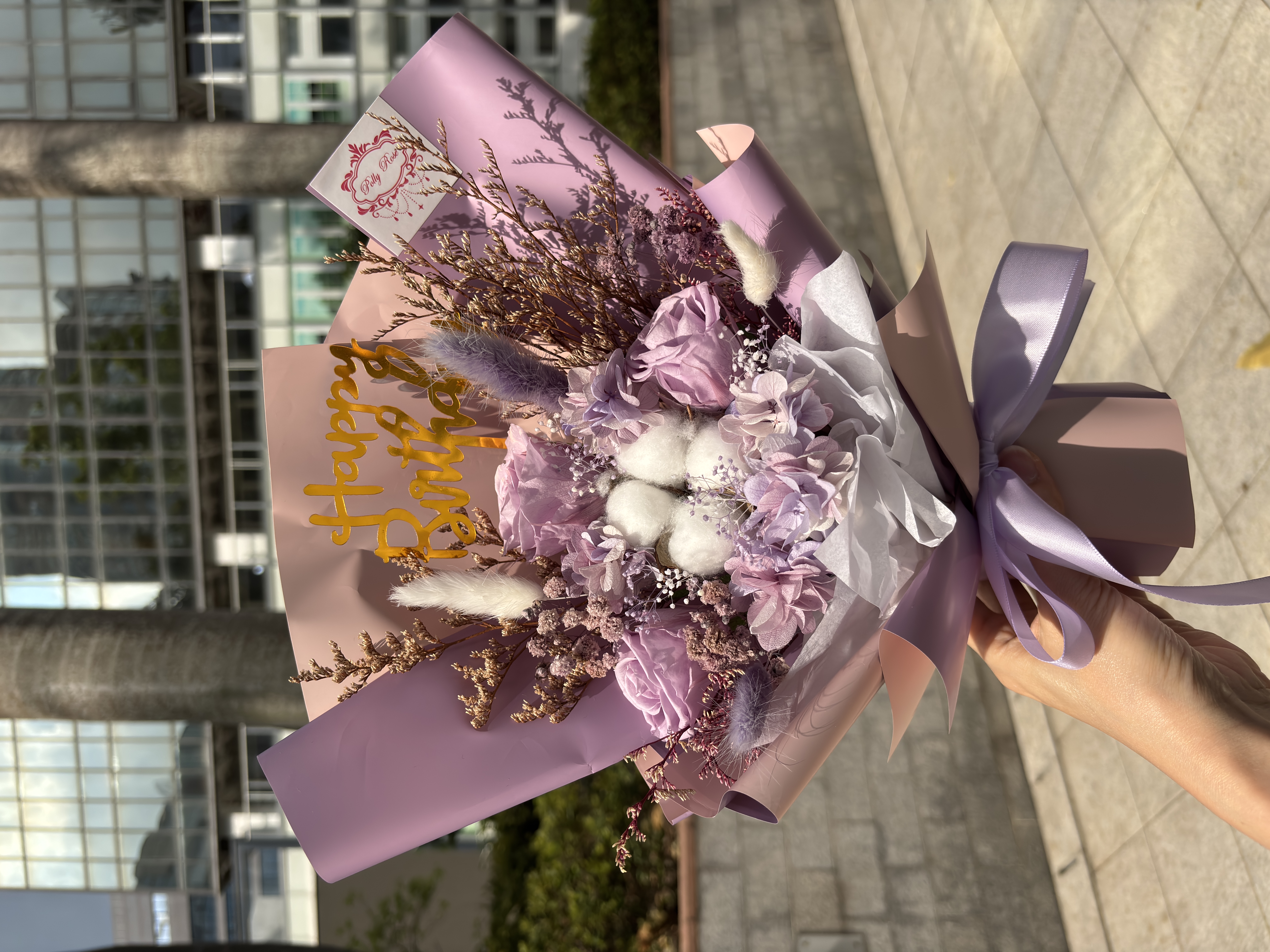 永生花花束（3朵玫瑰，高約36cm，紅、粉紅、紫、藍、淺粉）