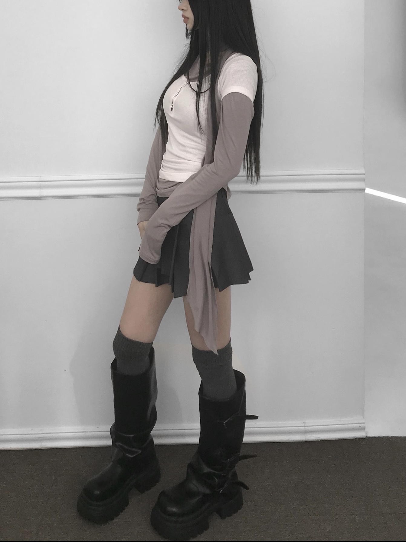 Ruched Button Long Sleeve with Scarf Tie