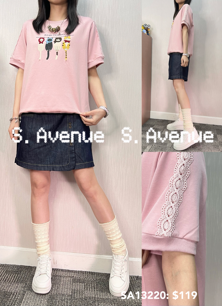 SA13220: 短袖lace袖貓貓tee