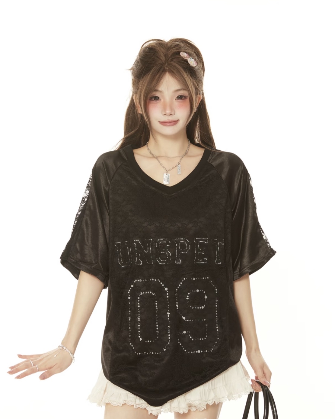 TP391缎面蕾丝T恤