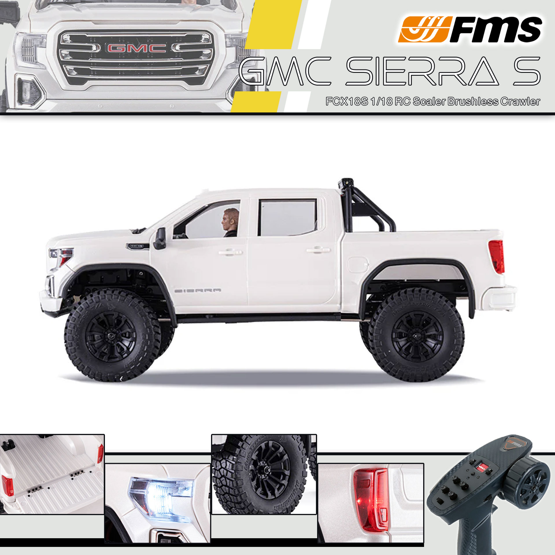 全新 FMS FCX18S 1:18 GMC Sierra S RTR Brushless | General Motors LLC授權 | 無刷版本 | 聯動指揮燈 | 2段機械變速 | 迷你慢爬車 | 遙控車 | 像真迷你遙控車