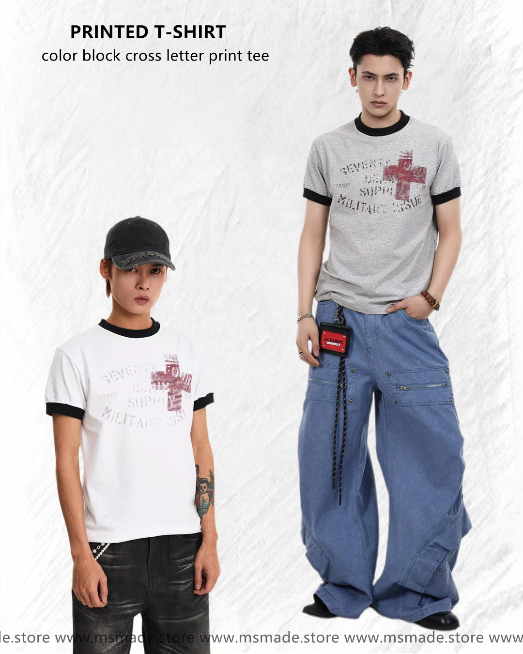 M27454撞色十字架字母印花tee