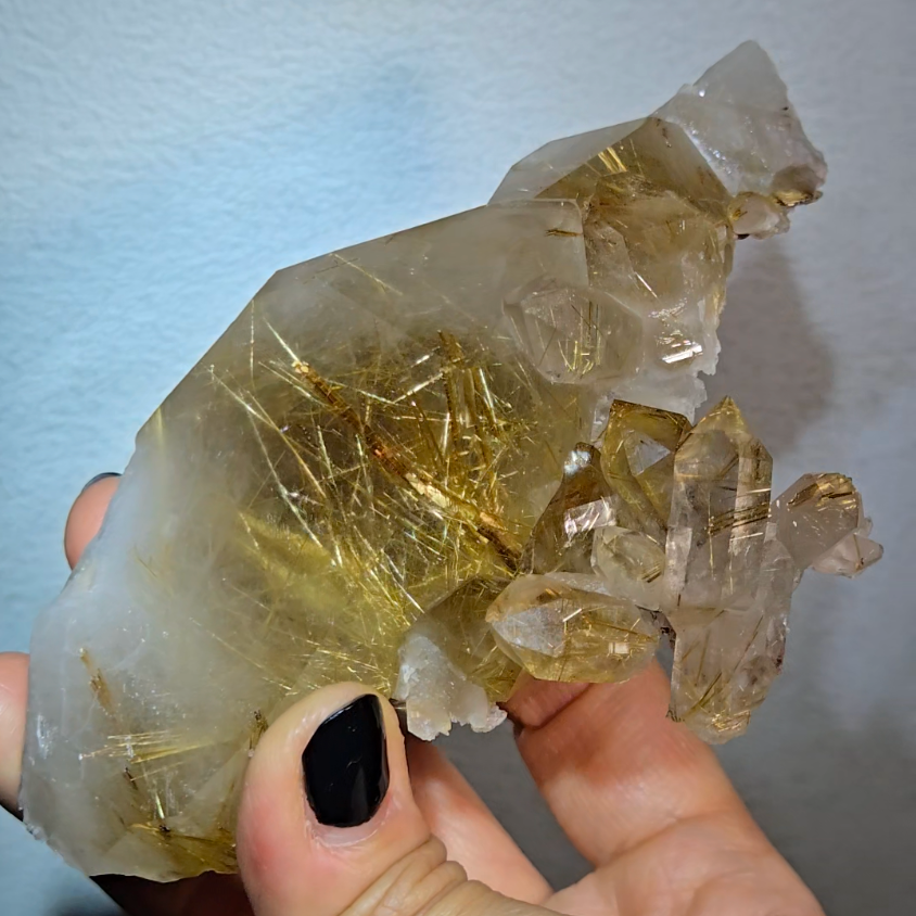 Golden titanium rutiles on black hematite in quartz cluster - RT1443