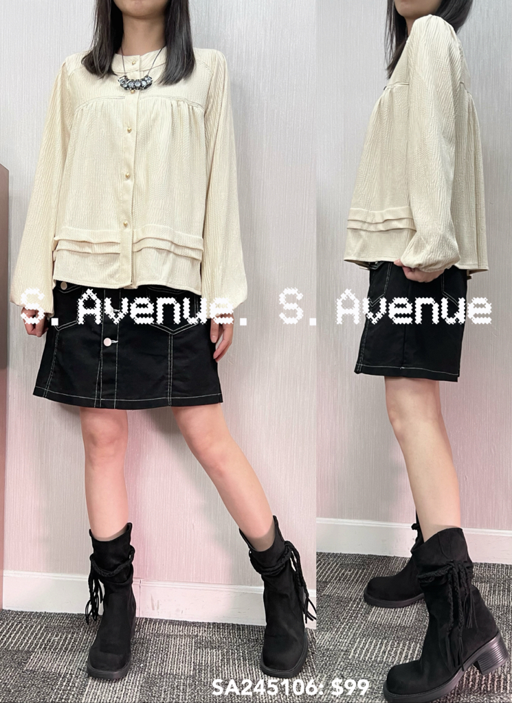 SA245106: 長袖前有鈕圓領娃娃型喇叭袖顯瘦top