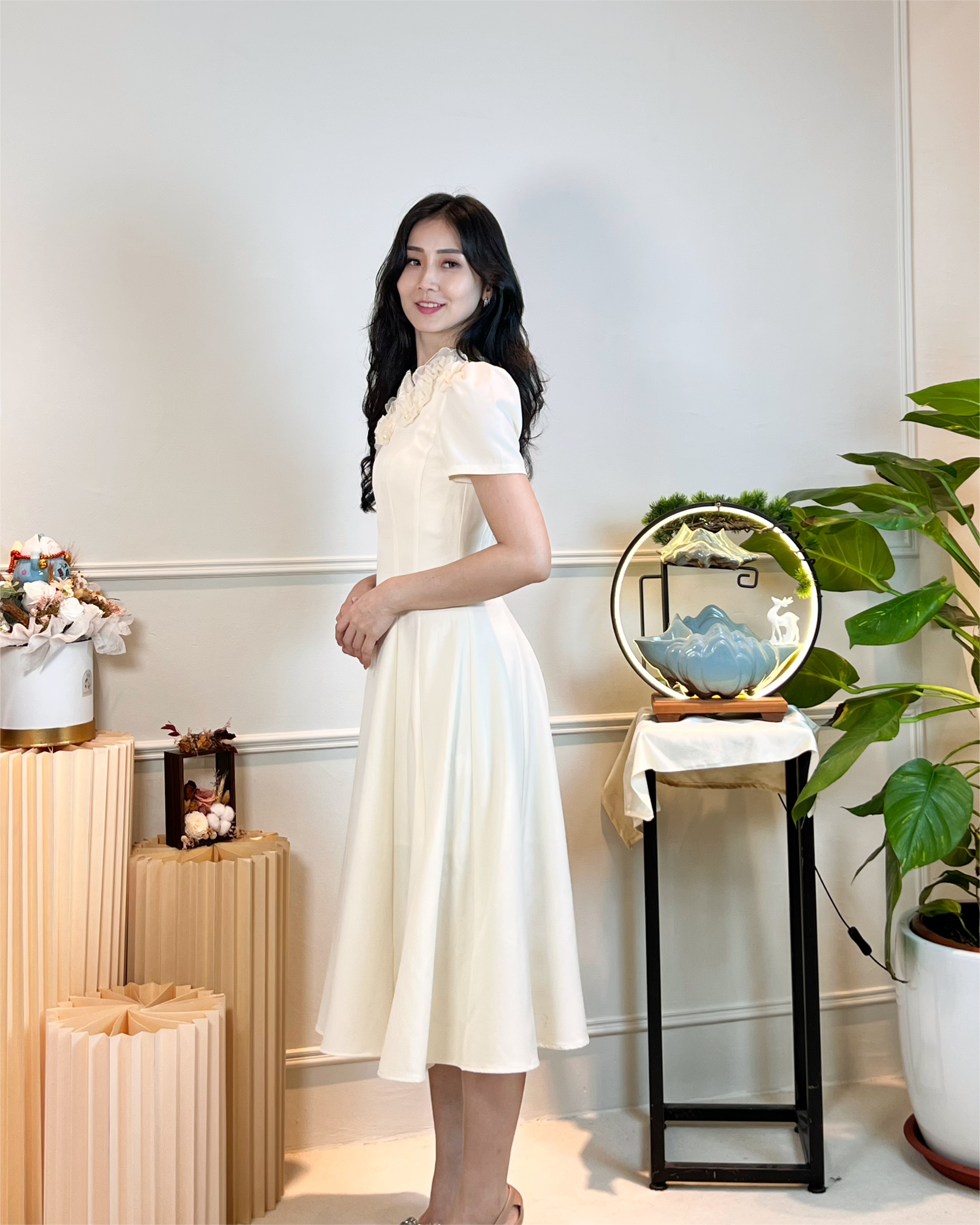 5093 3D Floral Chiffon Appliqué Midi Dress