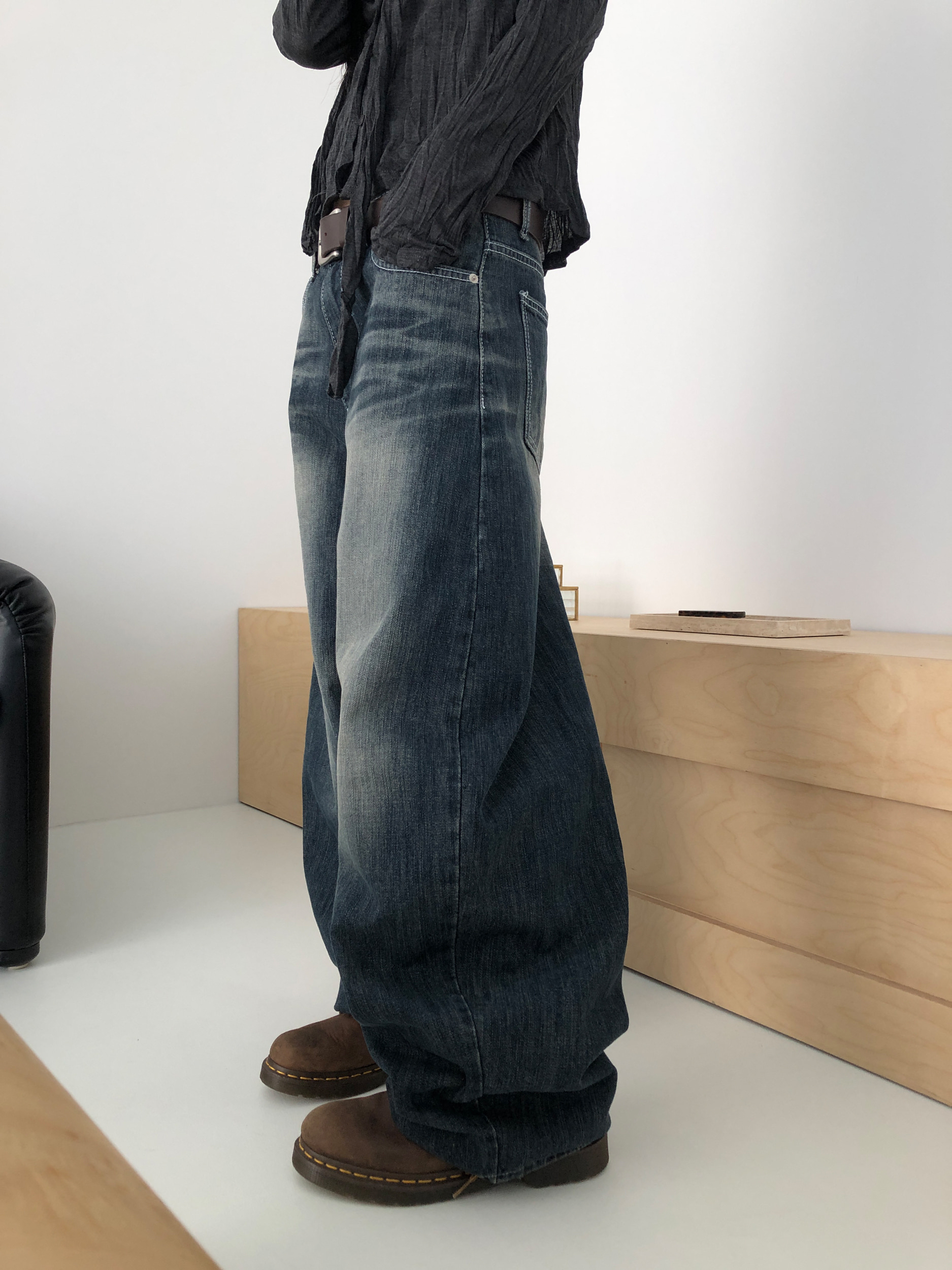 Sanded Washed Wide Leg Denim