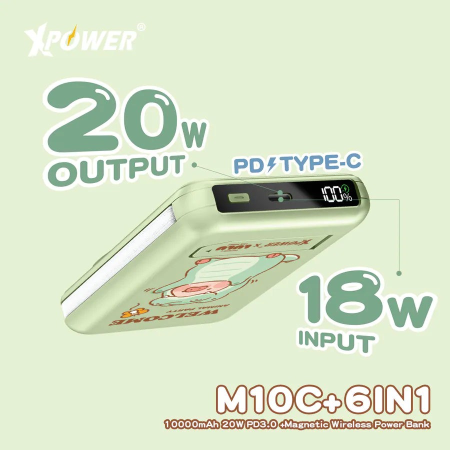 CCC | 3C認證 XPower x 罐頭豬LuLu🐷M10C+ 6合1 10000mAh多功能迷你20W PD3.0+ 磁吸無線快充移動電源