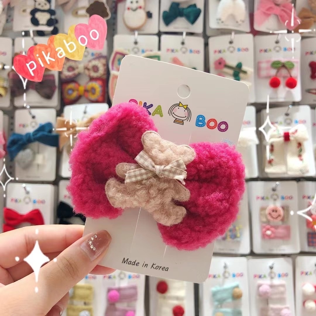 Pikaboo 韓國製 毛毛熊仔蝴蝶結鴨嘴髮夾 (桃紅蝴蝶結）