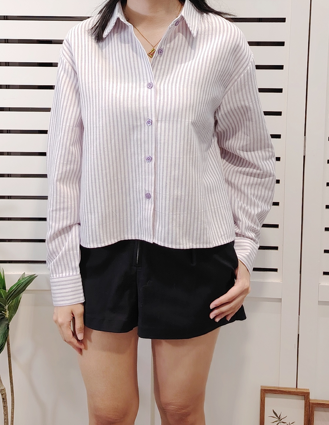 LY602 Long Sleeve Crop Striped Cotton Shirt