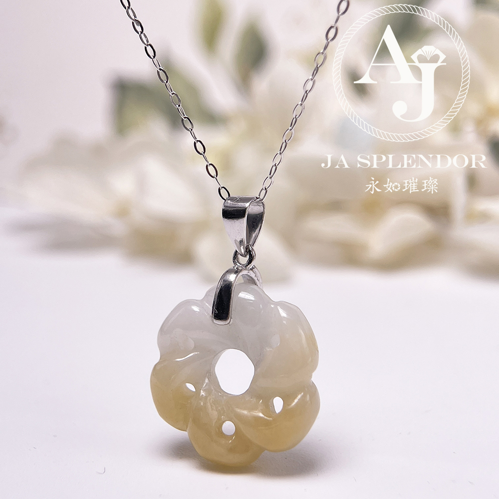JN-2735 天然翡翠A玉-糖環花開富貴立體雕花吊墜（送銀鏈）
