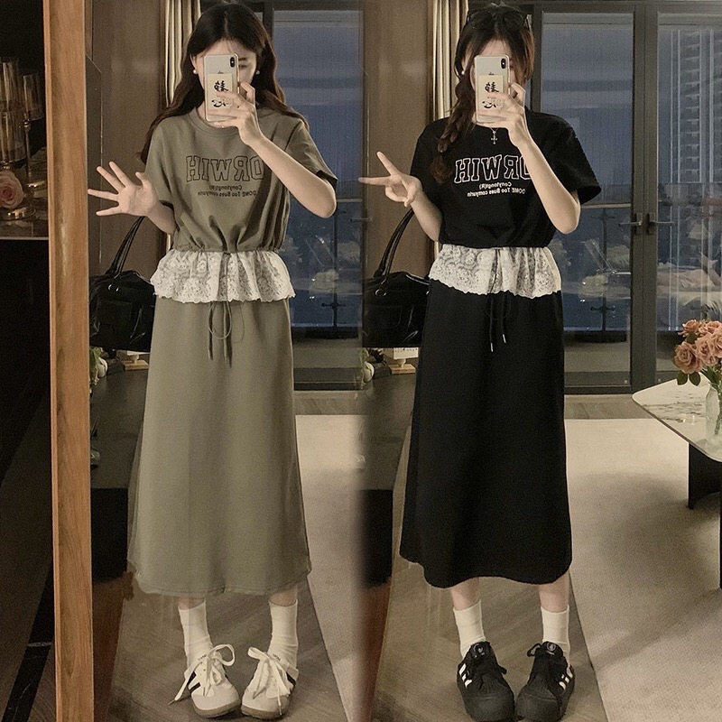 B284(16711+16712) 美式时尚字母短袖拼接下摆蕾丝荷叶上衣与长裙黑绿套装