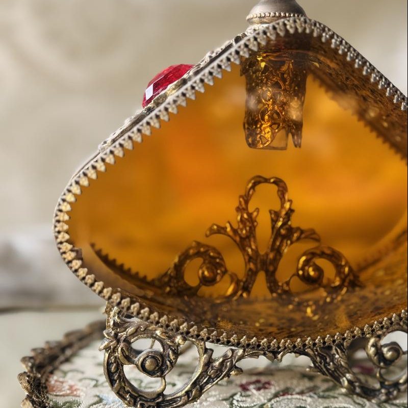 Rare! Early to Mid-Century Romantic Revival Ormolu & Amber Glass Large Perfume Bottle (MT2494)