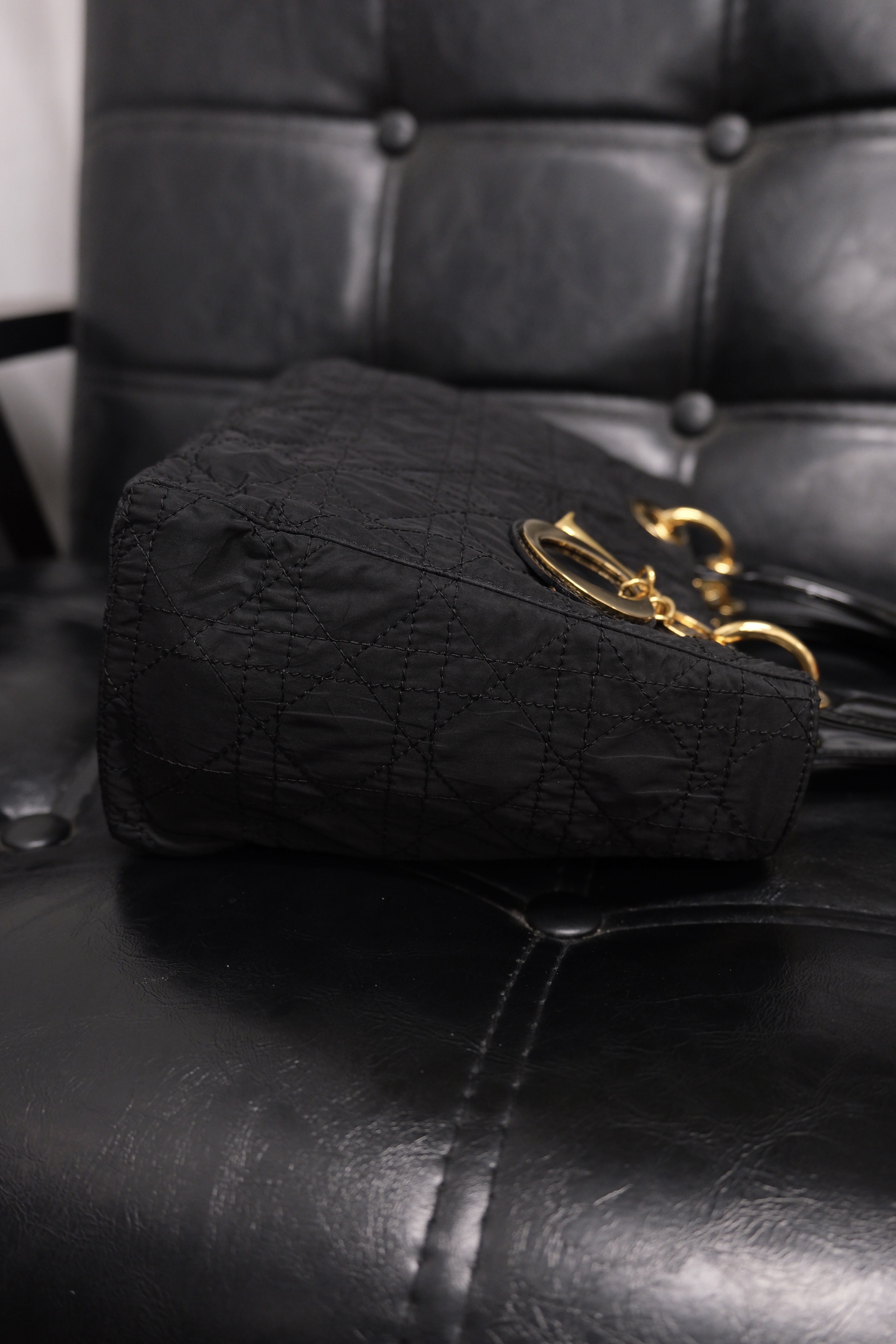 Dior Lady Dior Cannage Nylon Hand Bag Black Gold