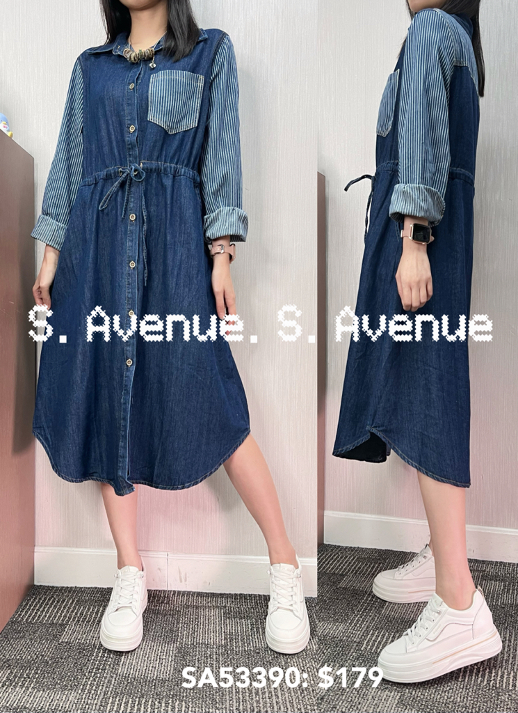 SA53390: 長袖拼直條束腰牛仔op