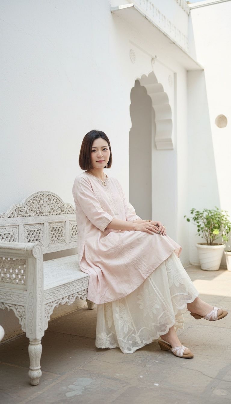 2214 Light Pink Gold Print V-Neck Kurta 37"
