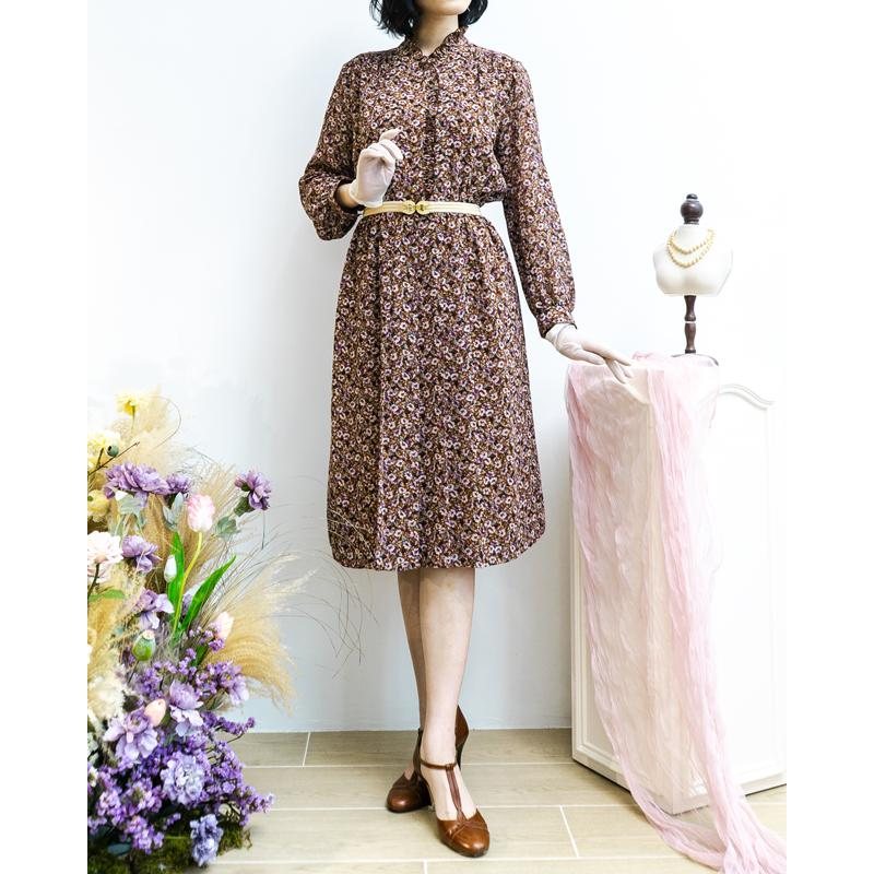 Vintage Japanese Tokyo Otsuki Floral Pattern Ruffle Edged Chiffon Long Sleeve Dress(MT1840-37)