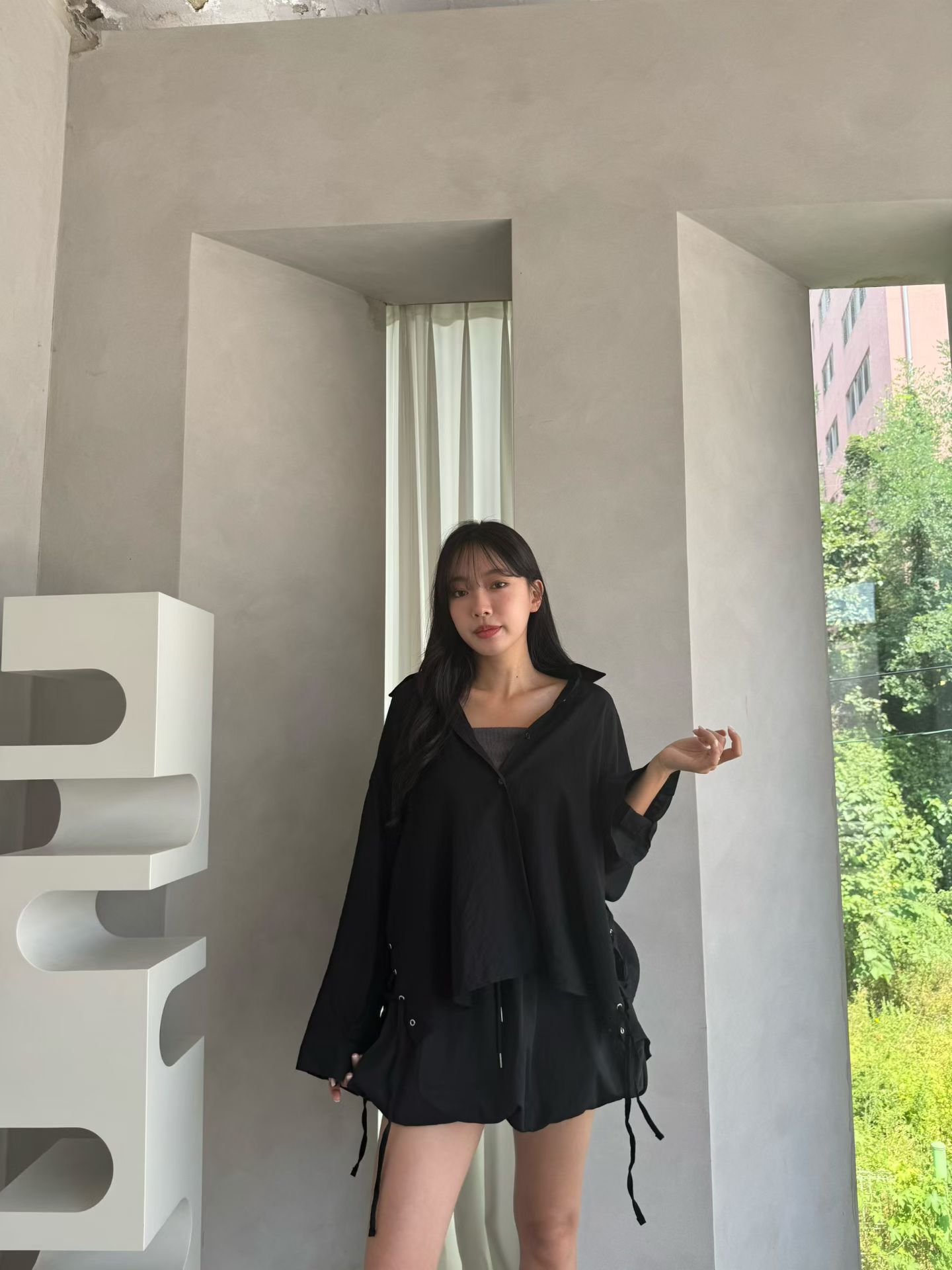 MA12 側邊綁帶設計感前短後長襯衫