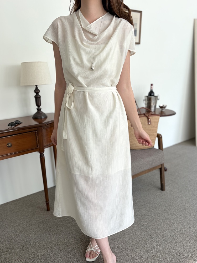 Draped Neck Dress with Inner Slip (Cream)