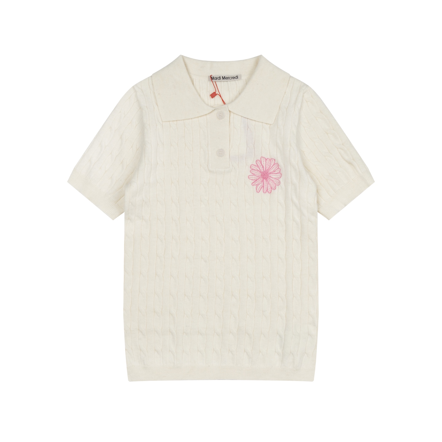 Mardi Mercredi Flower Embroidery Cable Short Sleeve Knit