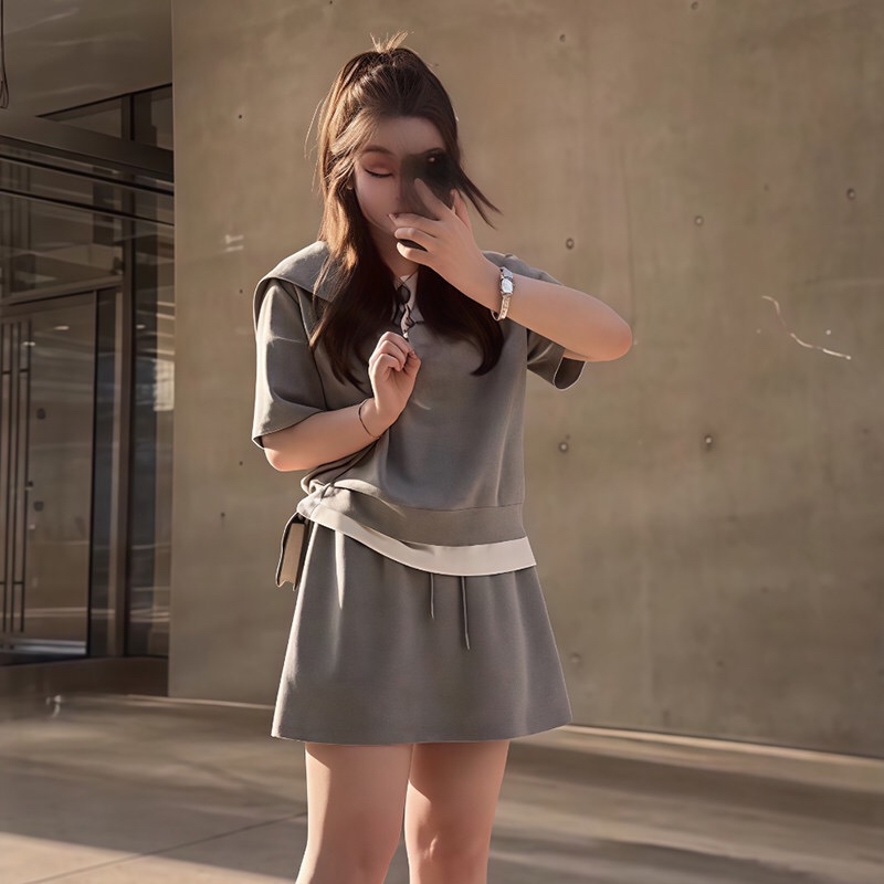 B264(16355) 韩版细闪假两件设计感拉链海军领上衣与短裙灰套装