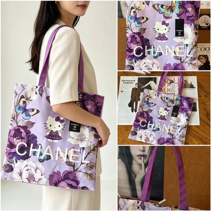 Chanel VIP限定紫調Hello Kitty蝴蝶花卉帆布托特包