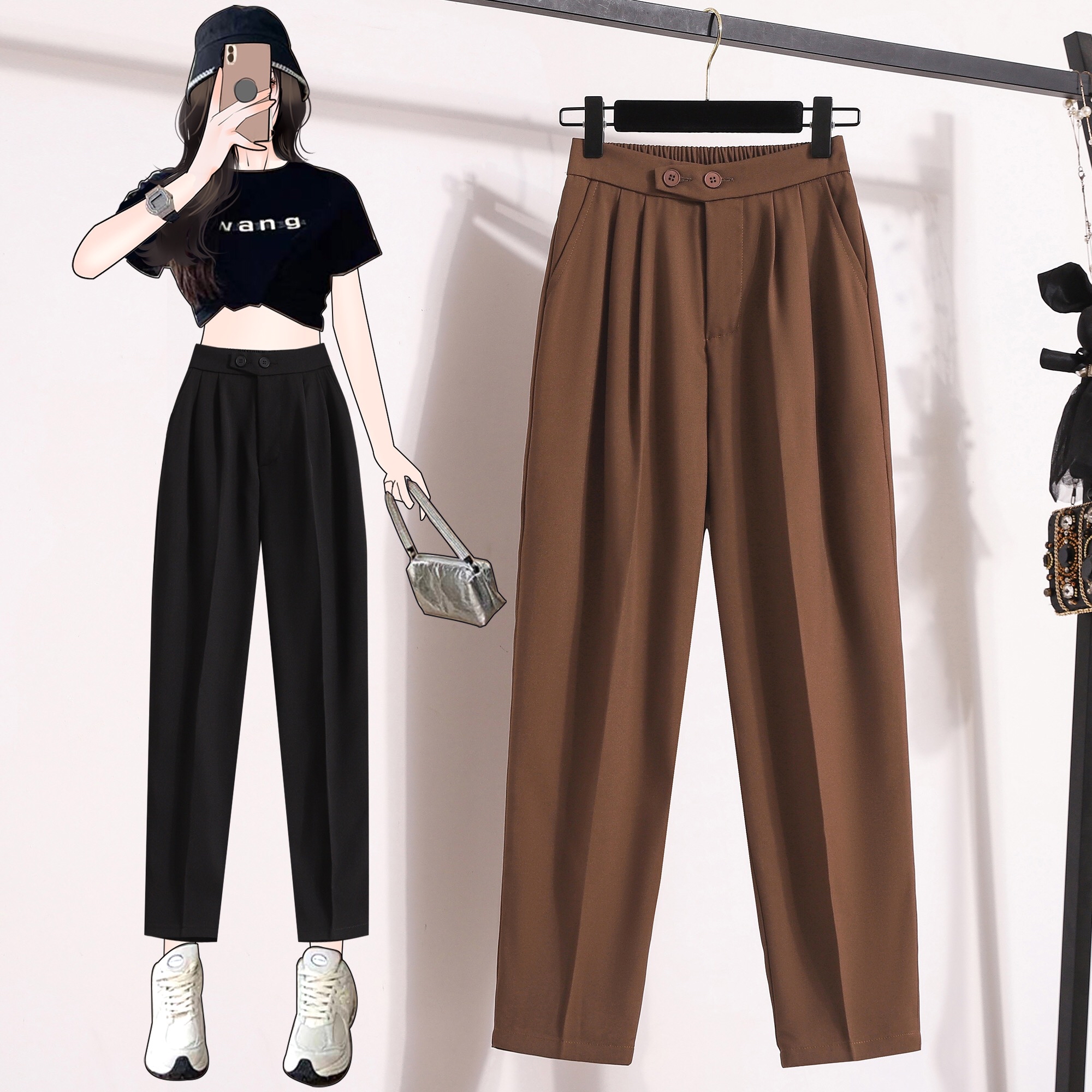 B85(7135) 韩版横双同色系钮显瘦捏痕6色西装哈伦烟管裤