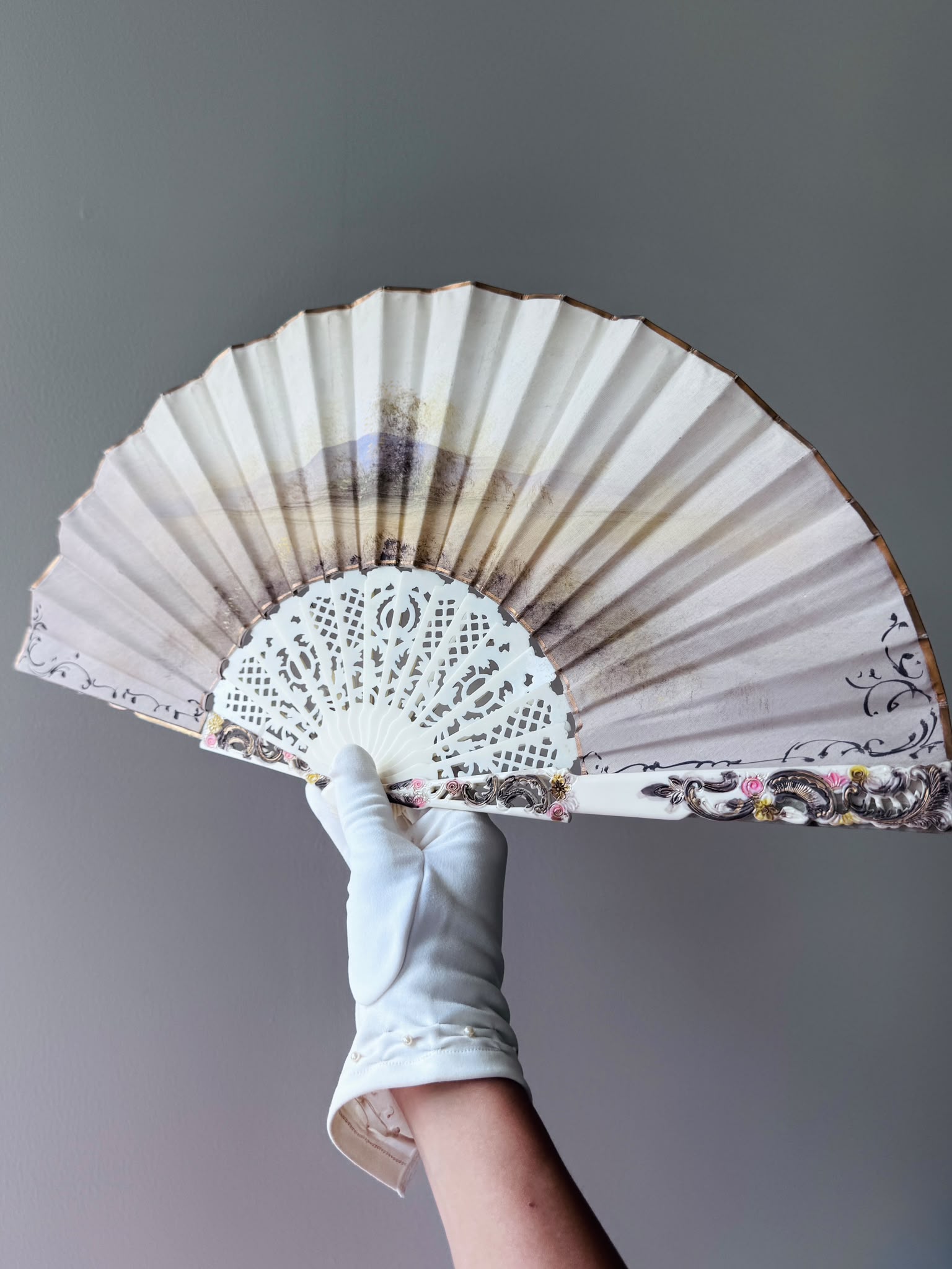 Antique c. 1890–1920 European Hand-Painted & SIgned Rococo Revival Folding Fan (MT2616)