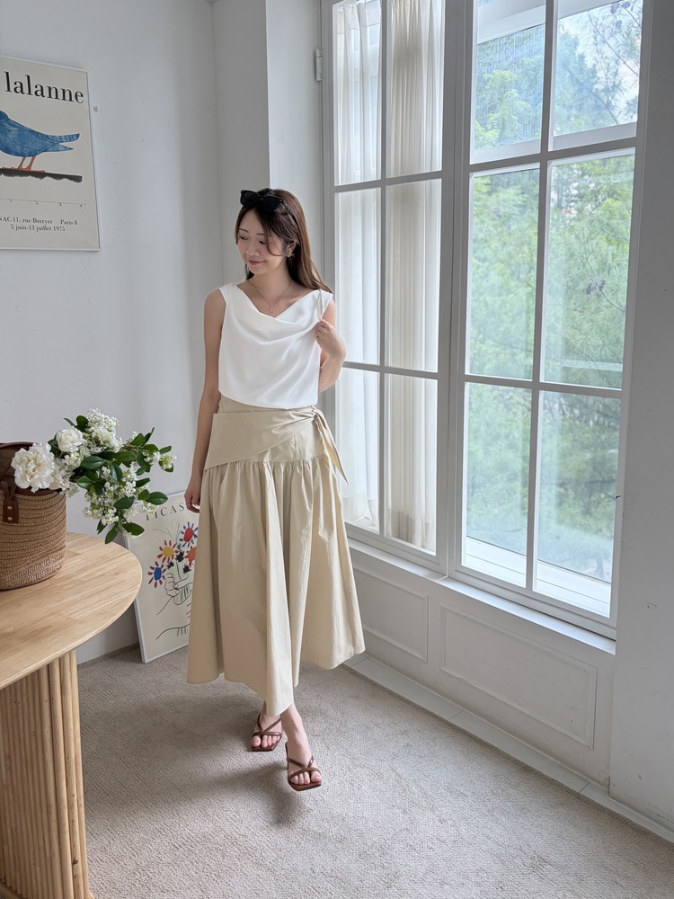Wrap-Waist Flare Skirt (Beige)