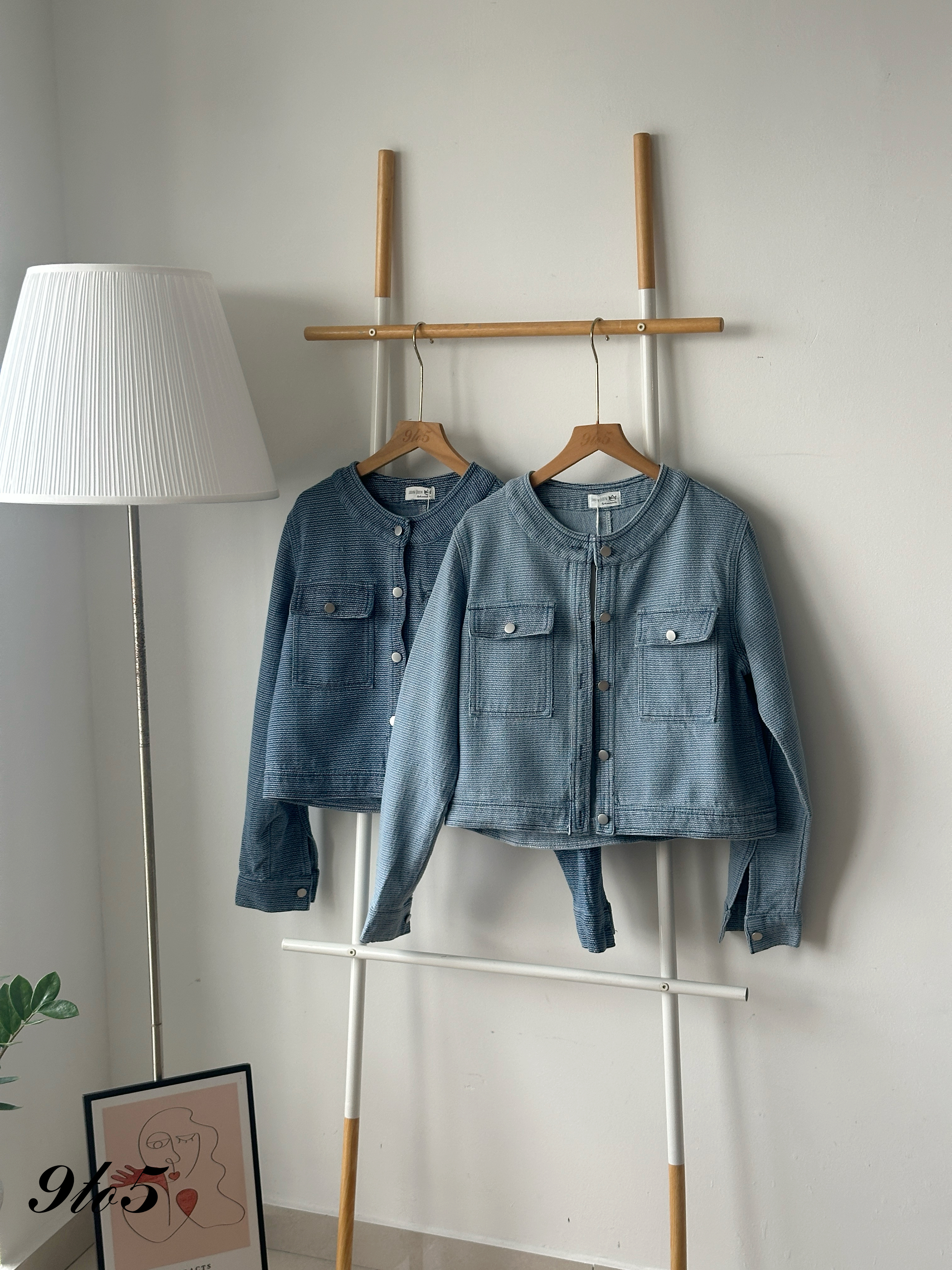 T4165 Tweed Style Denim Jacket - Dark Blue & Light Blue
