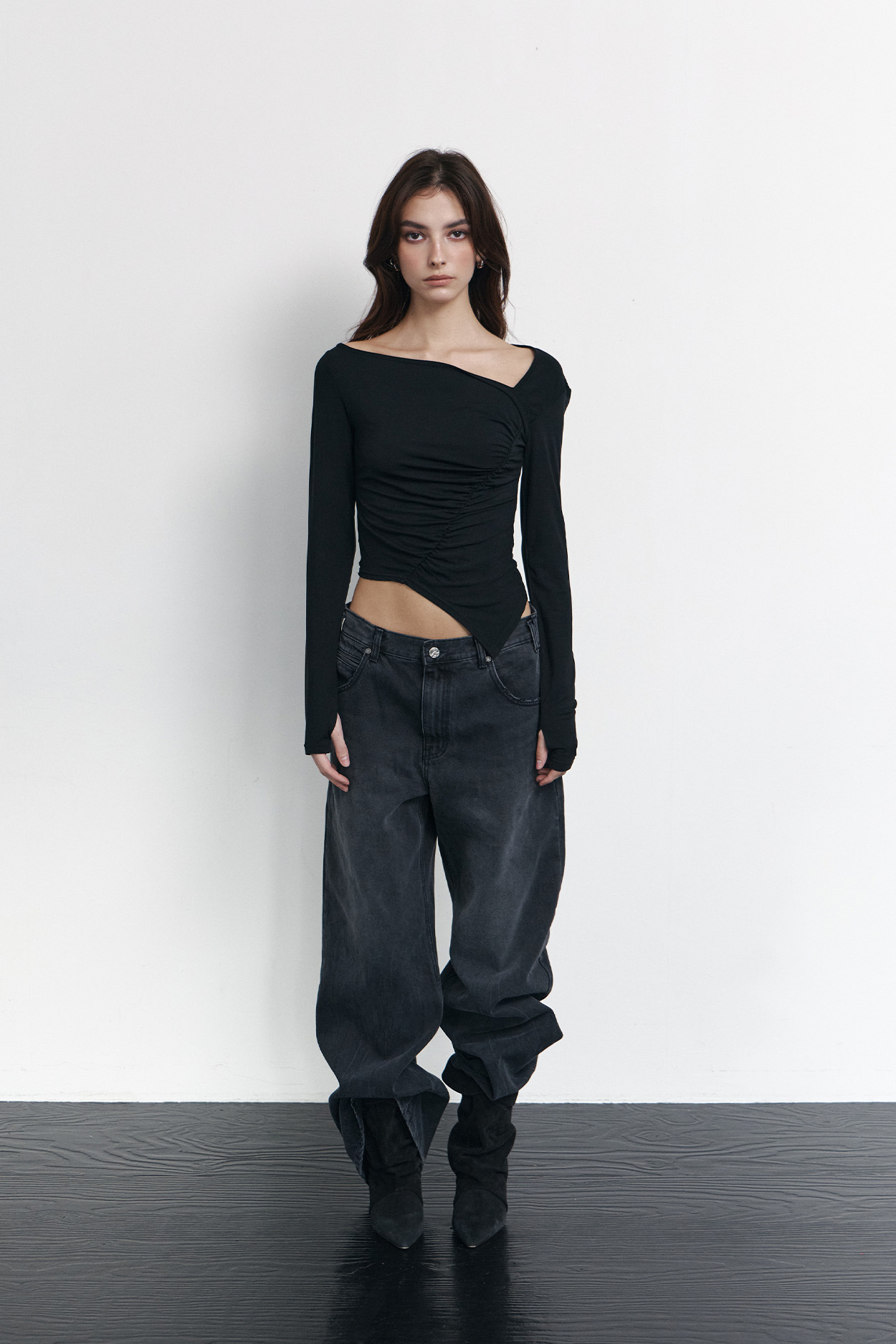 pleaseNOFOLLOW - Sadie Unbal Shirring Long Sleeve Top (Black)
