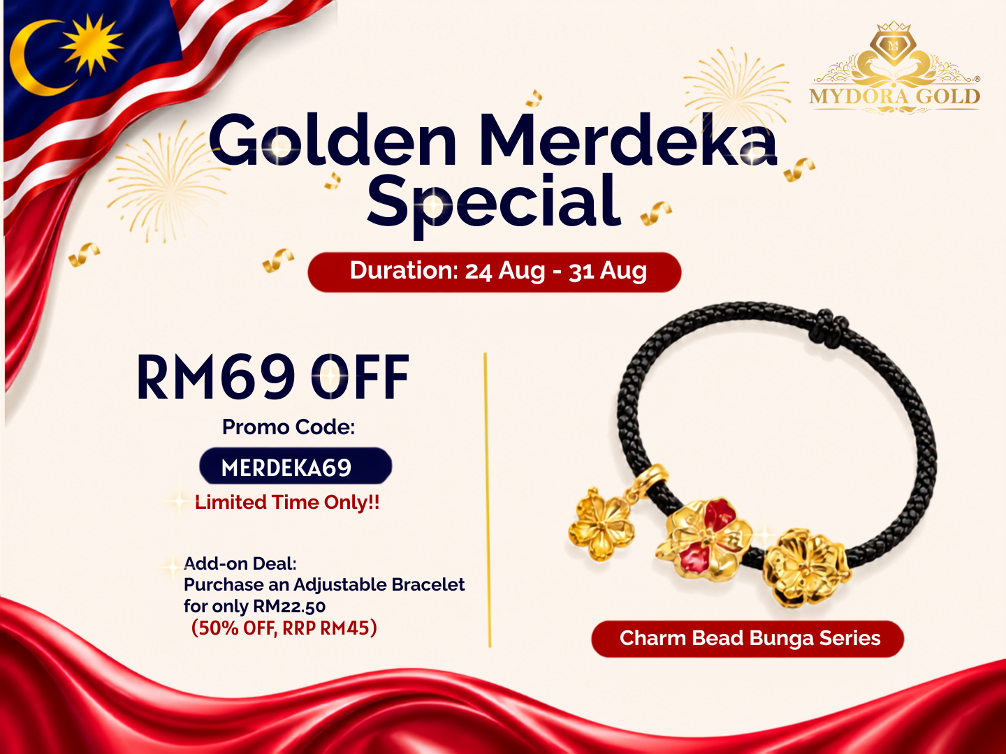 MYDORA Charm Bunga Raya Full Gold (5G) l EMAS 916/22K