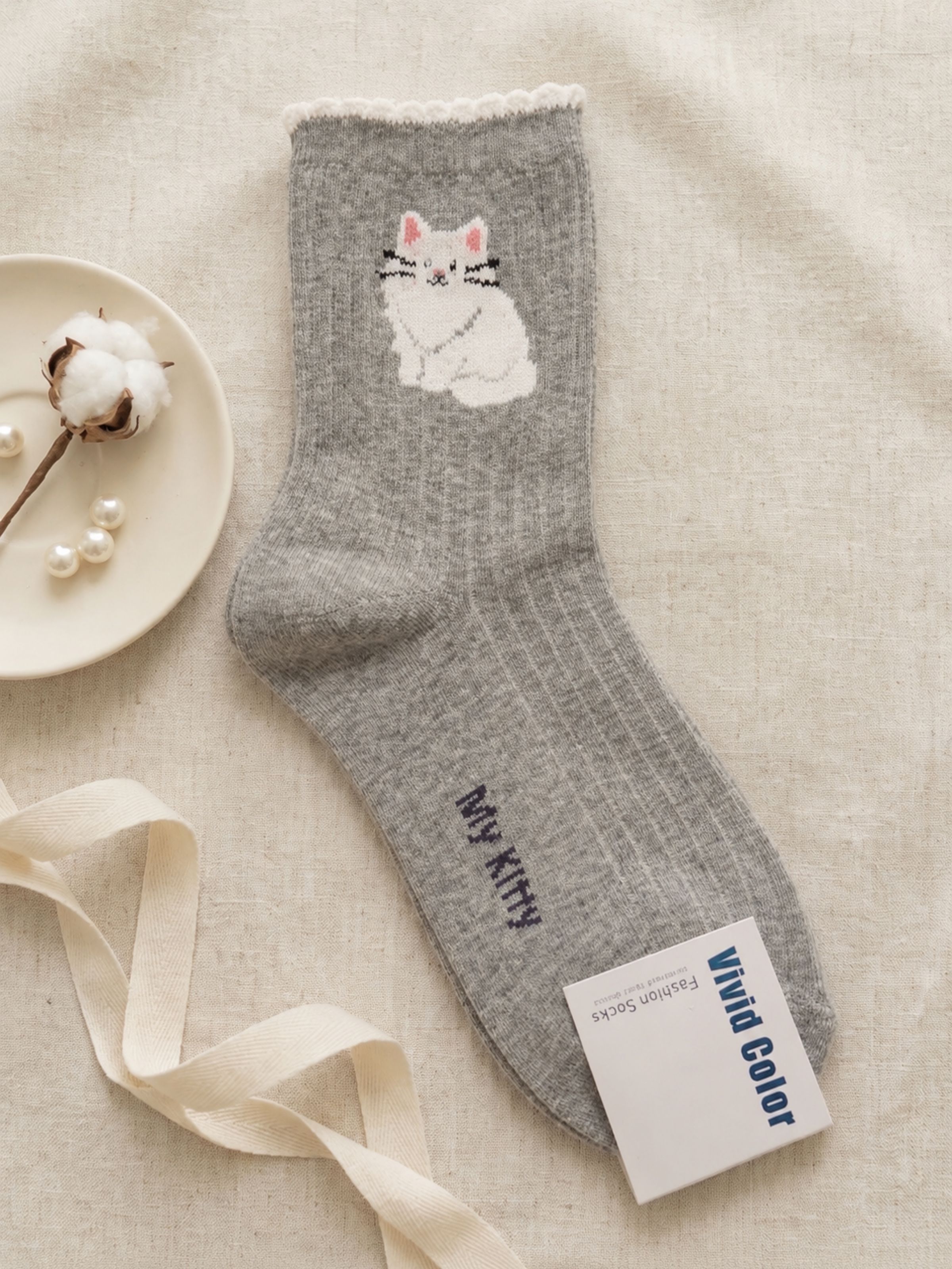 Korean My Kitty Women's High Crew Socks