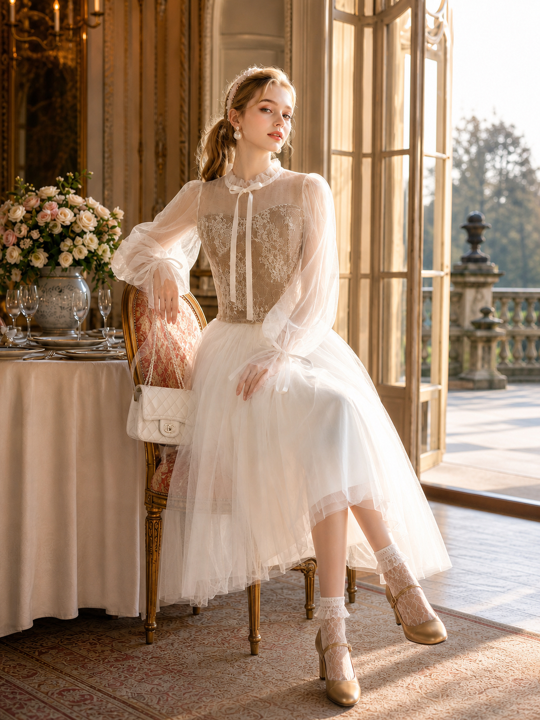 維多利亞蕾絲輕紗公主泡泡袖禮服 Victorian Ethereal Lace Princess Gown