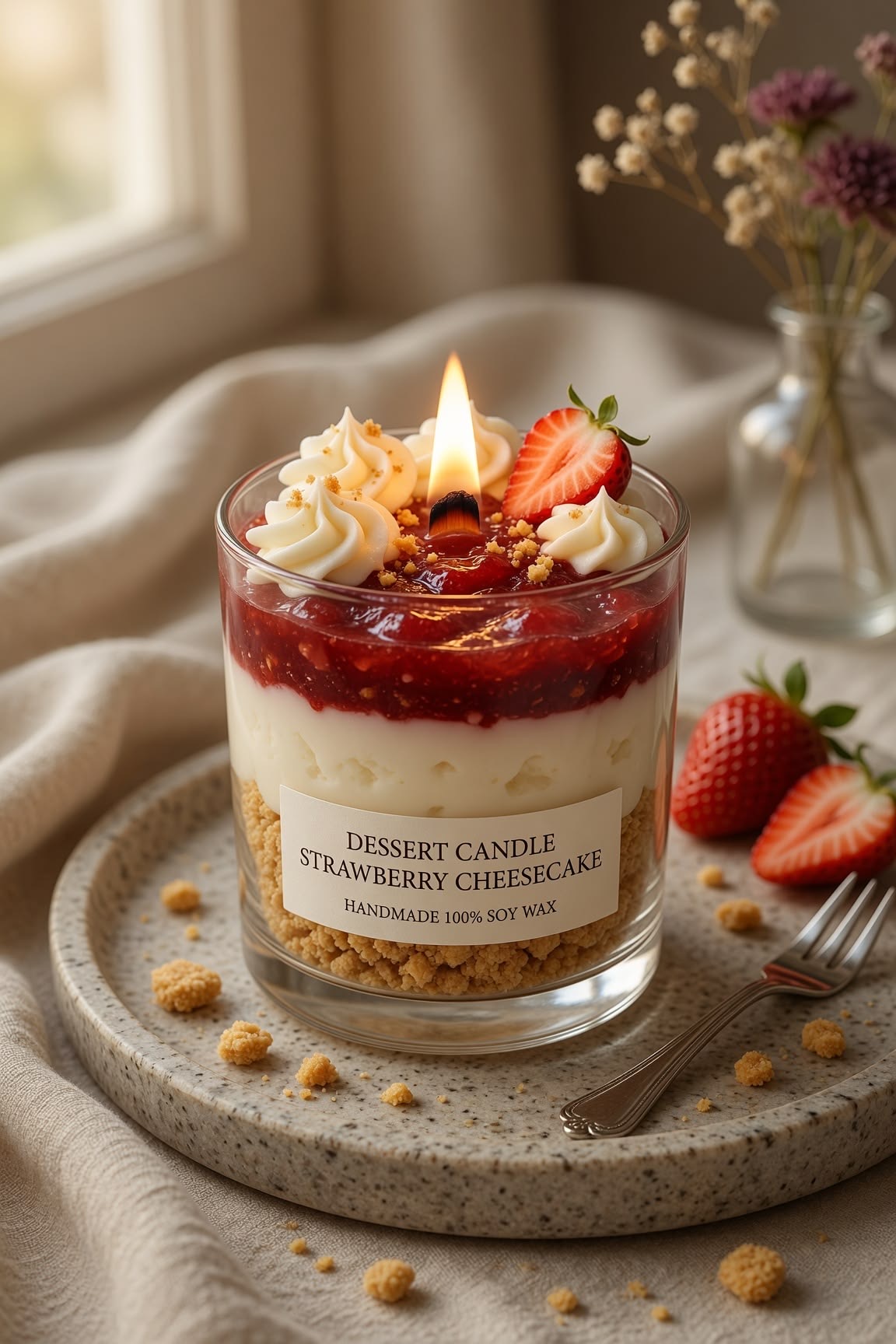 Dessert candle strawberry cheesecake
