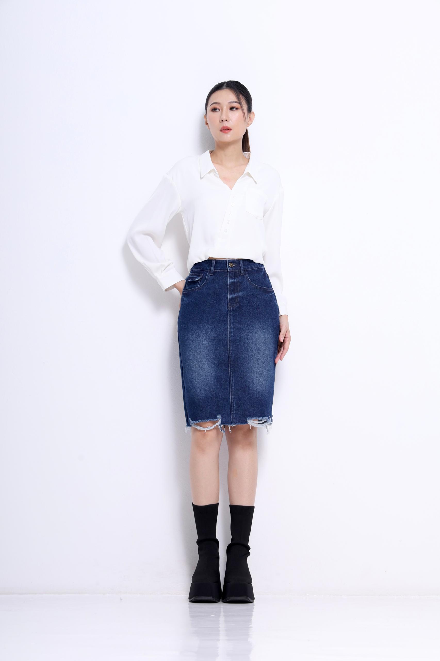 CS1426 DENIM KNEE LENGHT PENCIL SKIRT