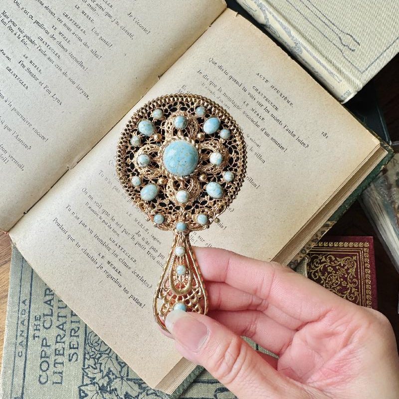 Vintage C.a. 1950s European Turquoise Glass Ornated Elegant Hand Mirror (MT2302)