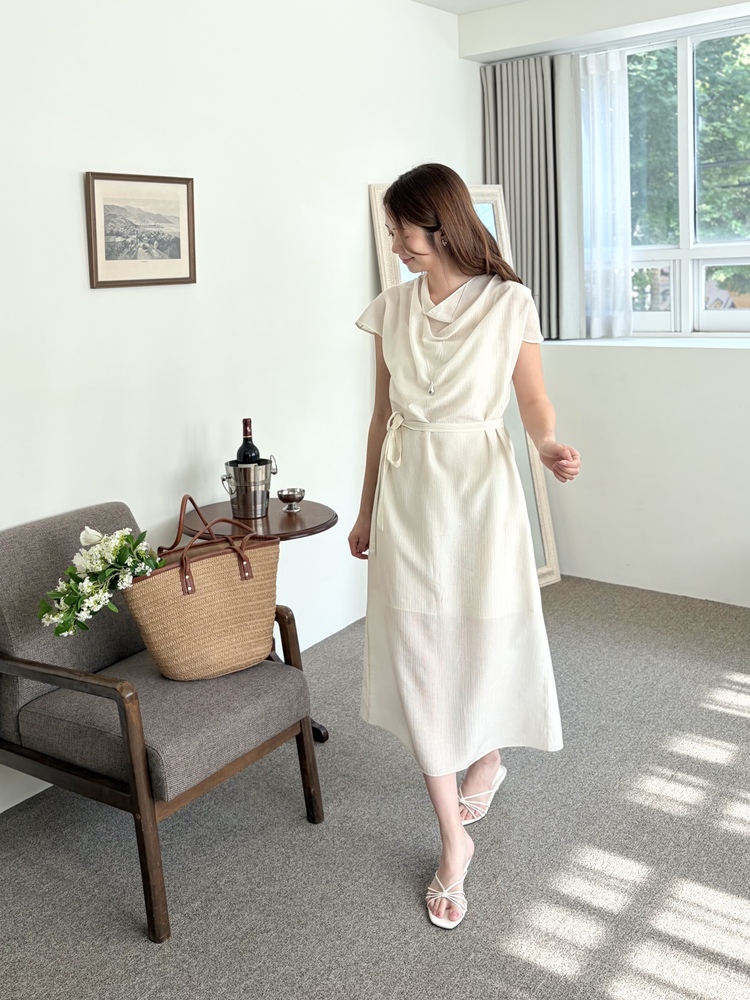 Draped Neck Dress with Inner Slip (Cream)