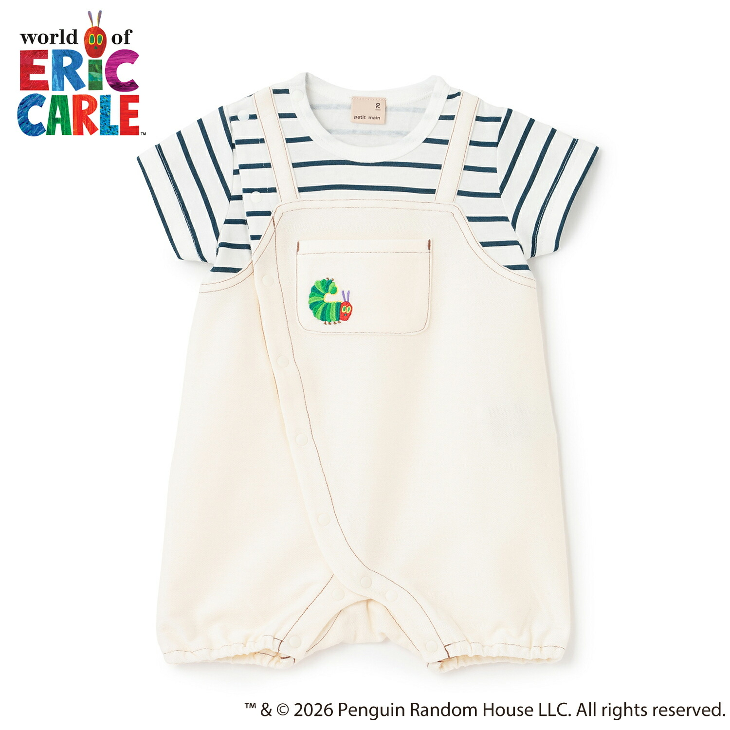 🇯🇵預訂 日本直送🇯🇵Petit Main x 好餓的毛毛蟲系列兩色刺繡條紋吊帶短袖連身服