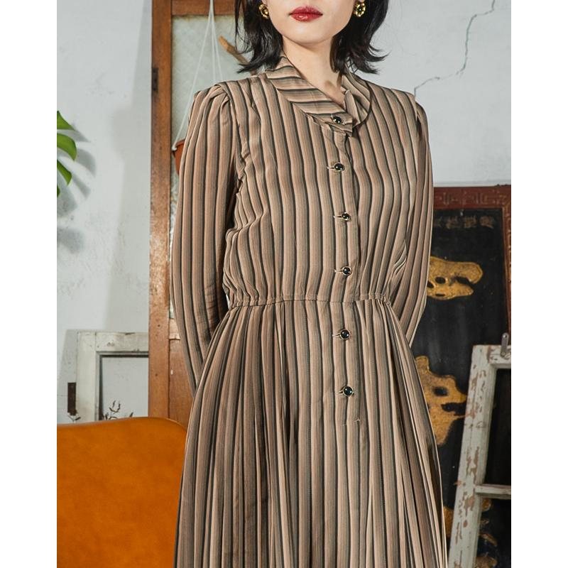 Vintage Toffee Tone Striped Pattern Button Up Day Dress (MT1608-148)