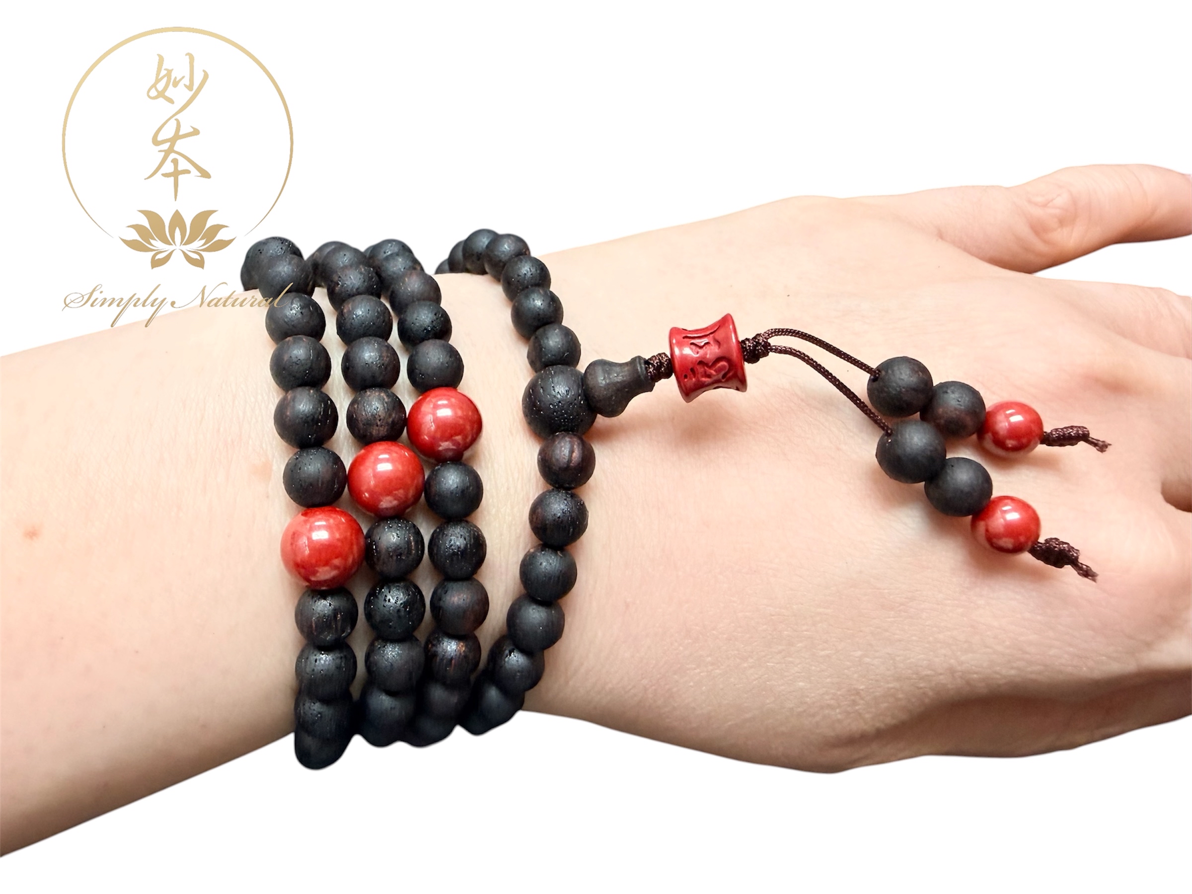 6mm 108粒降真香念珠 配：硃砂六字大明咒