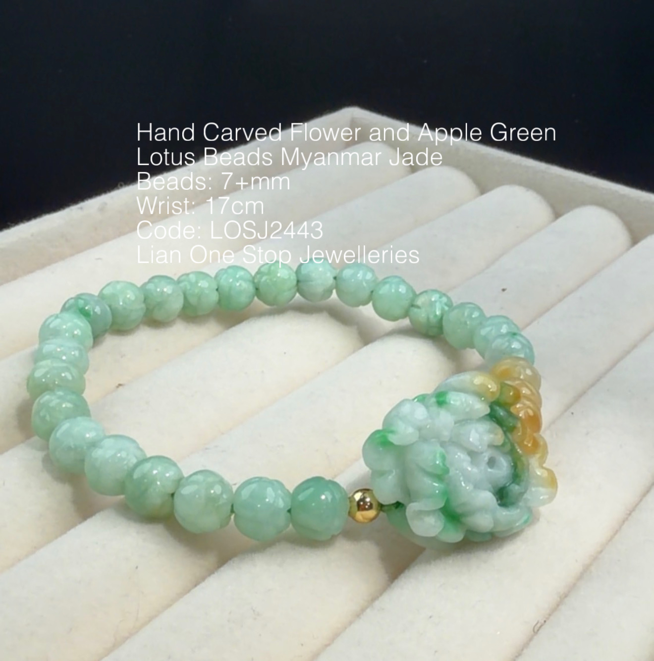 Code: LOSJ2443 Hand Carved Flower and Apple Green Lotus Beads Myanmar Jade 7+mm