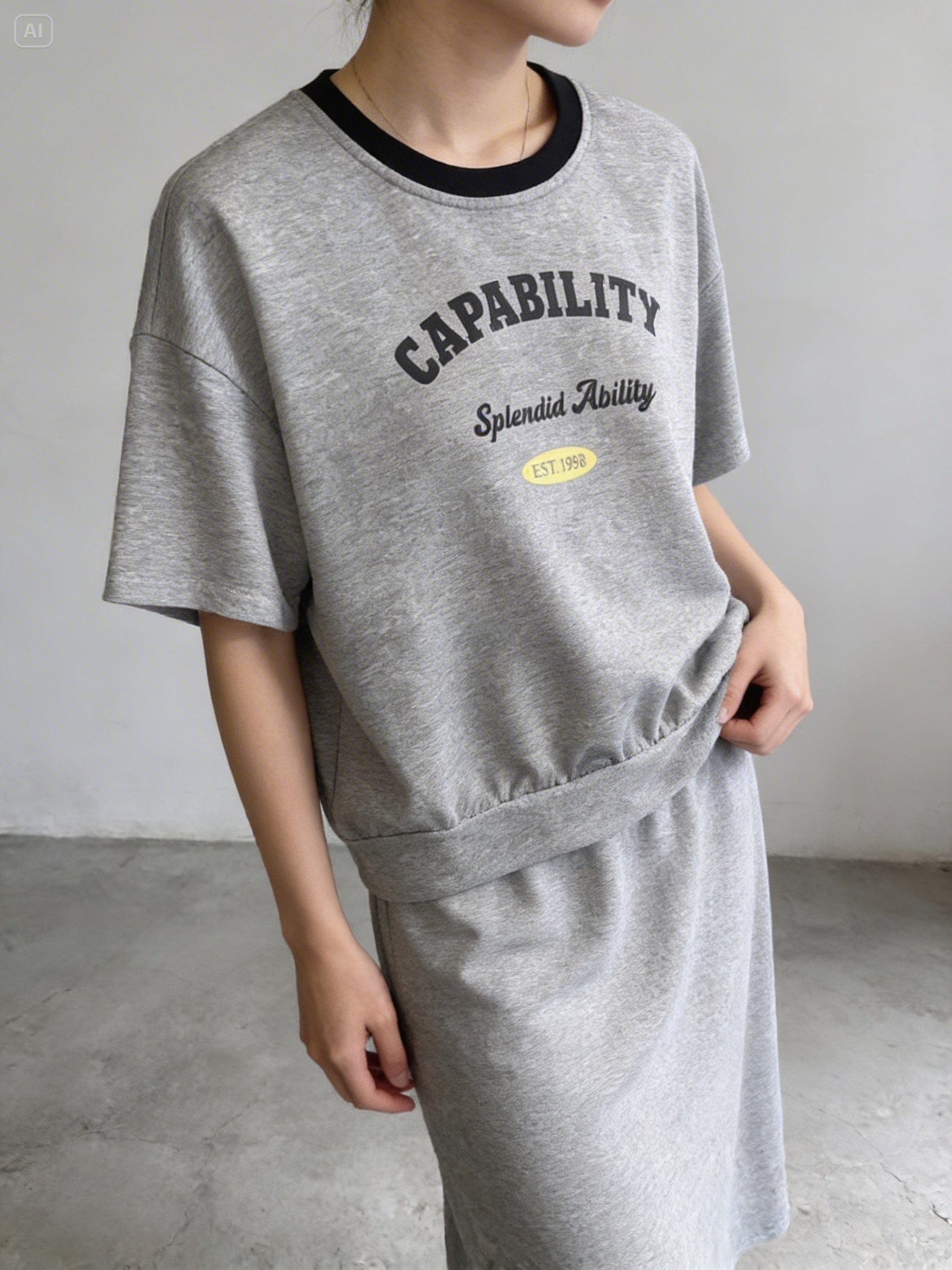 CAPABILITY 復古短袖T恤 + 鬆緊中長裙套裝