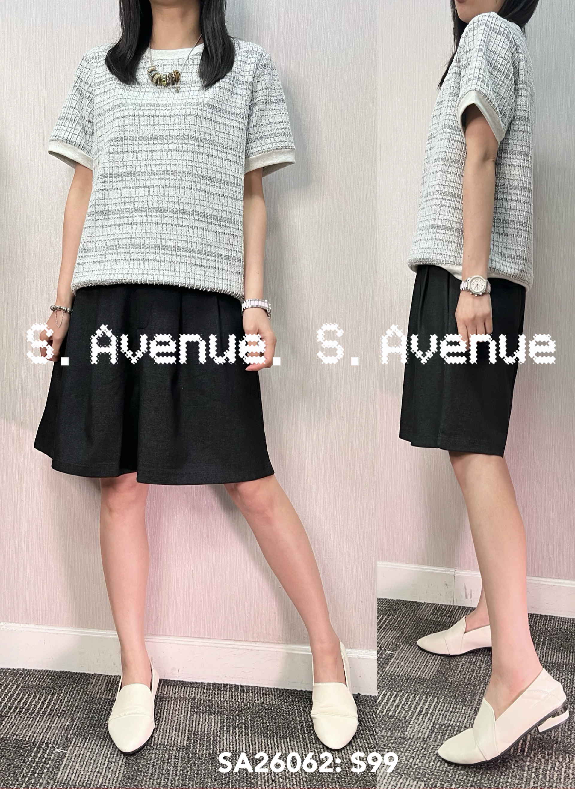 SA26062: 短袖混紗格仔top