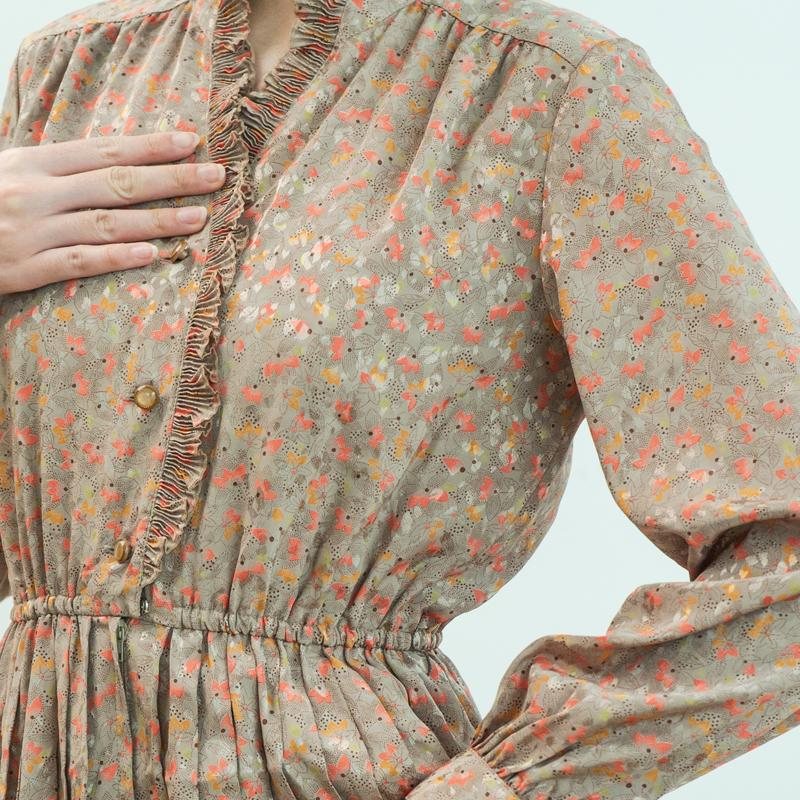 Vintage Japanese Sanyo Ruffle Trimmed Floral Beige Dress(MT1608-91)