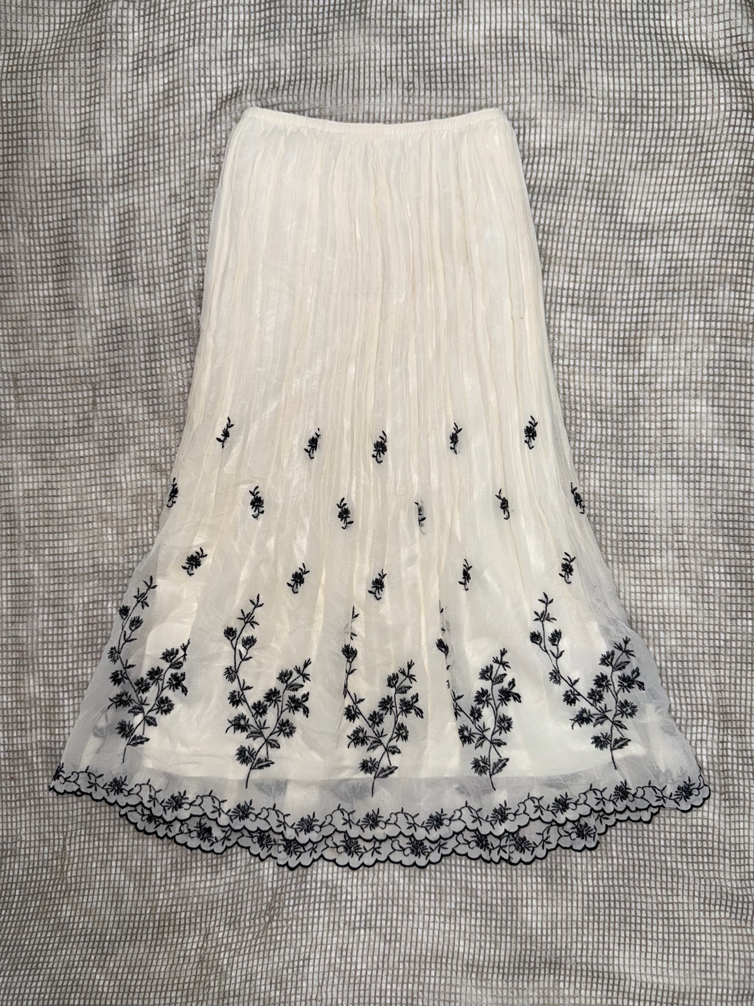 Cream Chiffon Botanical Sprig Plisse Maxi Long Skirt