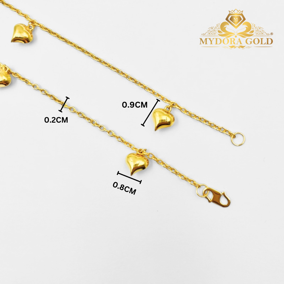 MYDORA Rantai Tangan Sauh Gantung 3 Mini Love Licin | Emas 916/22k
