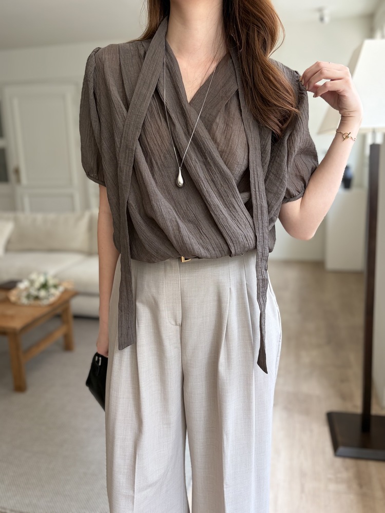 Louise Wrap Blouse with Tie (Brown)