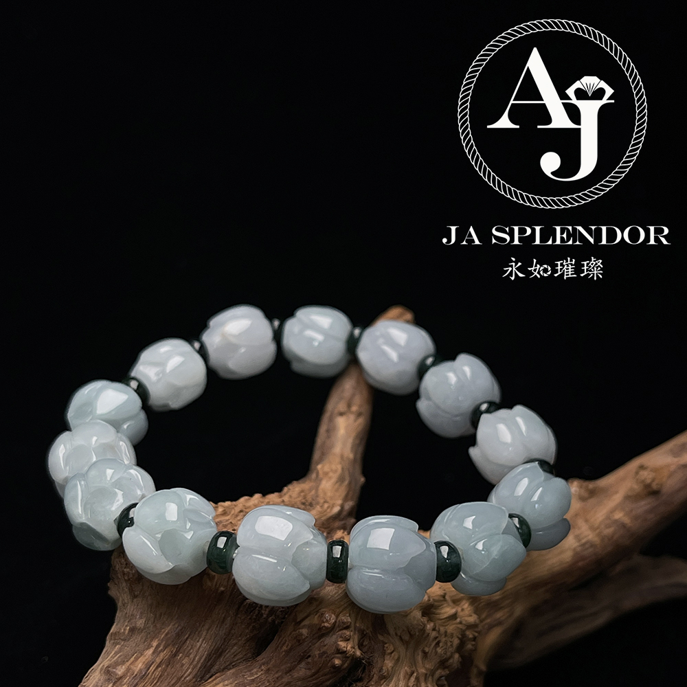 JB-257- 膠潤晴水藍綠色清心定神/年年有餘蓮花手串